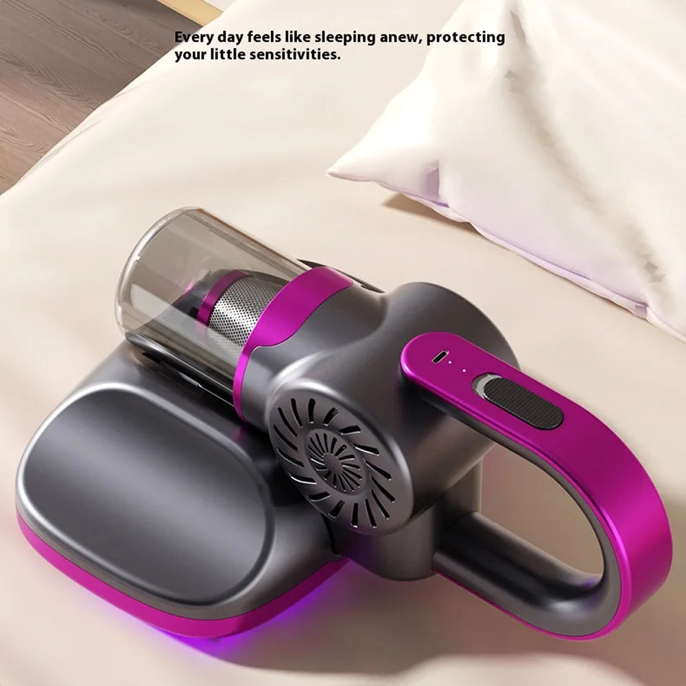 Purple and gray handheld VaciMatri Mattress Vacuum Cleaner on a light background