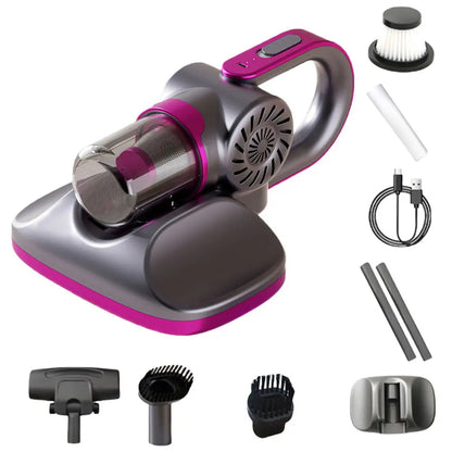 Handheld VaciMatri Mattress Vacuum Cleaner with attachments on a white background