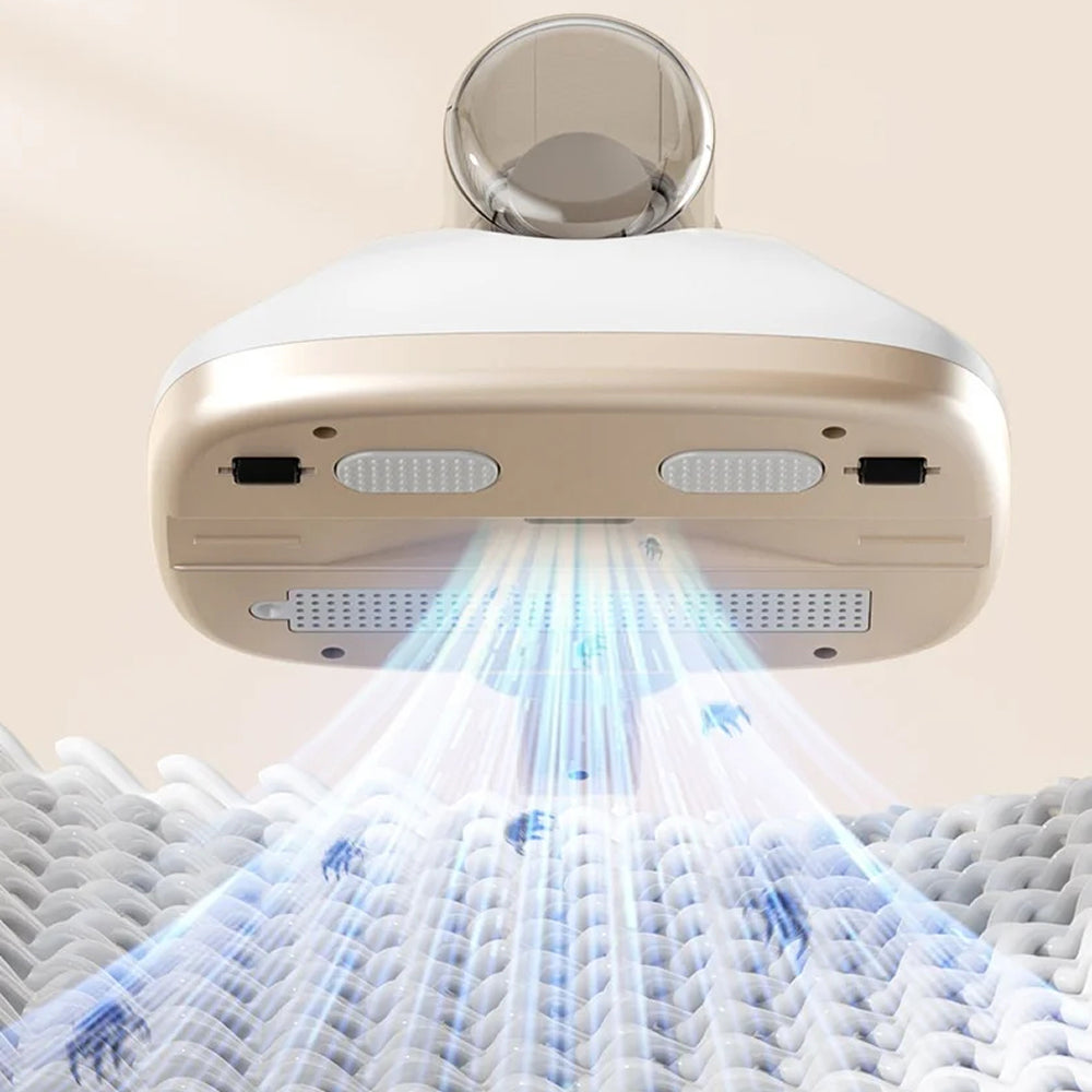 Ceiling-mounted UV light sterilizer emitting rays onto a textured surface.