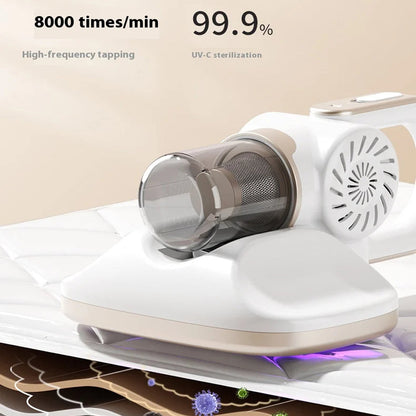 White electronic VaciMatri Mattress Vacuum Cleaner with UV-C sterilization feature on a beige background