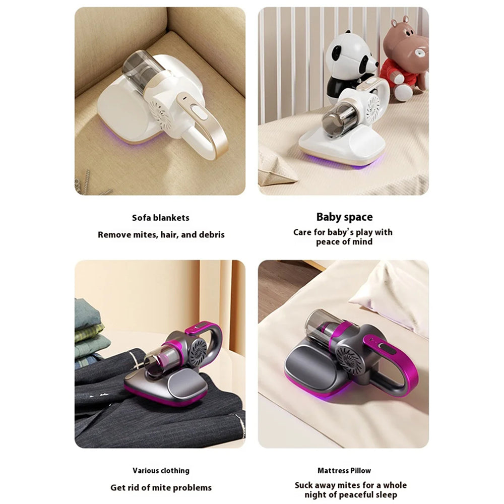 Handheld VaciMatri Mattress Vacuum Cleaner being used on various surfaces with text labels.