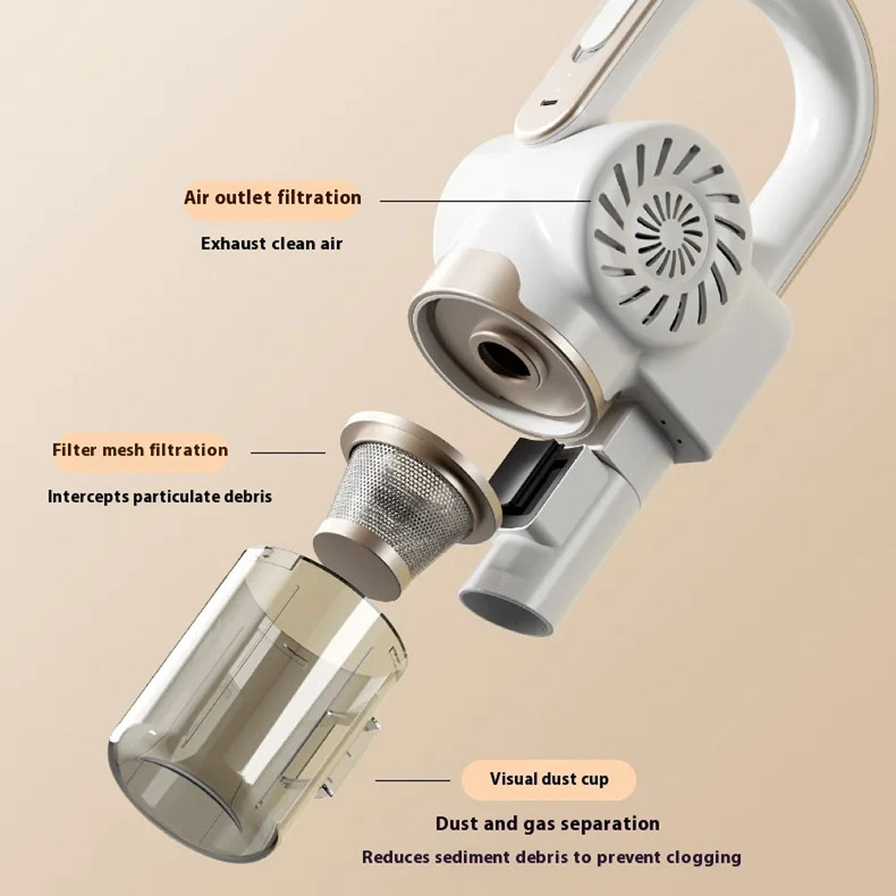 Diagram of a VaciMatri Mattress Vacuum Cleaner filtration system with labeled components on a beige background.