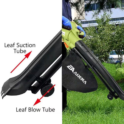 VacoLeaf Cordless Leaf Blower Vacuum with labeled parts and in use outdoors.