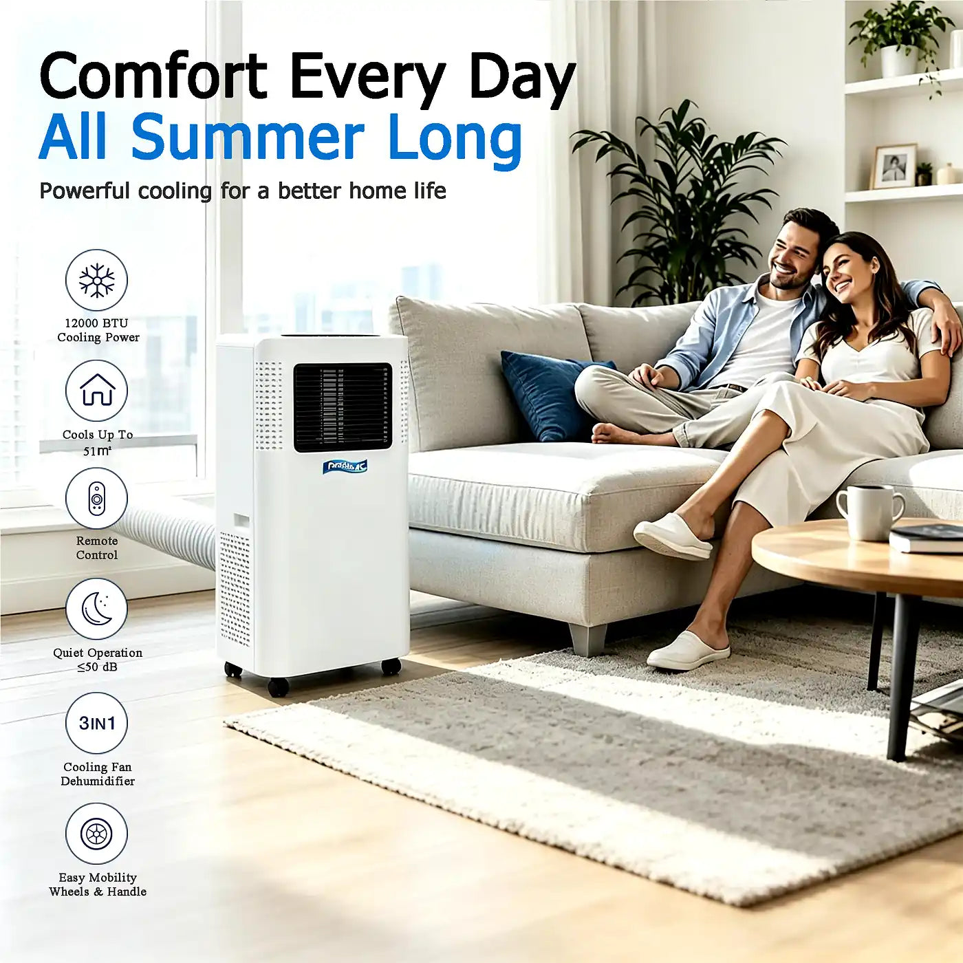 Vakoda Portable Air Conditioner - front view showing LED touch display and smooth rolling wheels