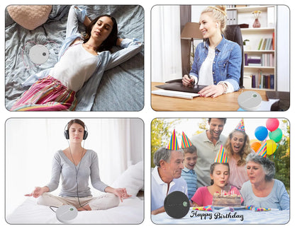 Collage of four scenes showing a woman using earbuds in different settings.