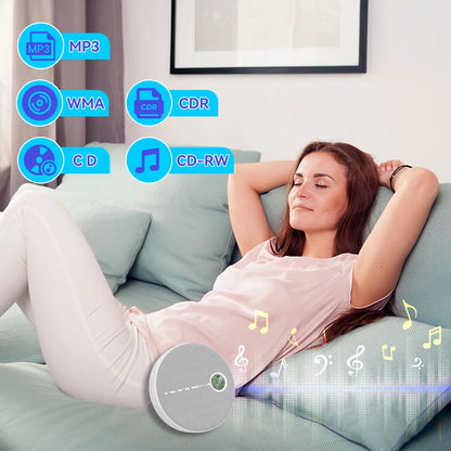 Woman relaxing on a couch with a Valis Portable CD Player device, surrounded by music file format icons.
