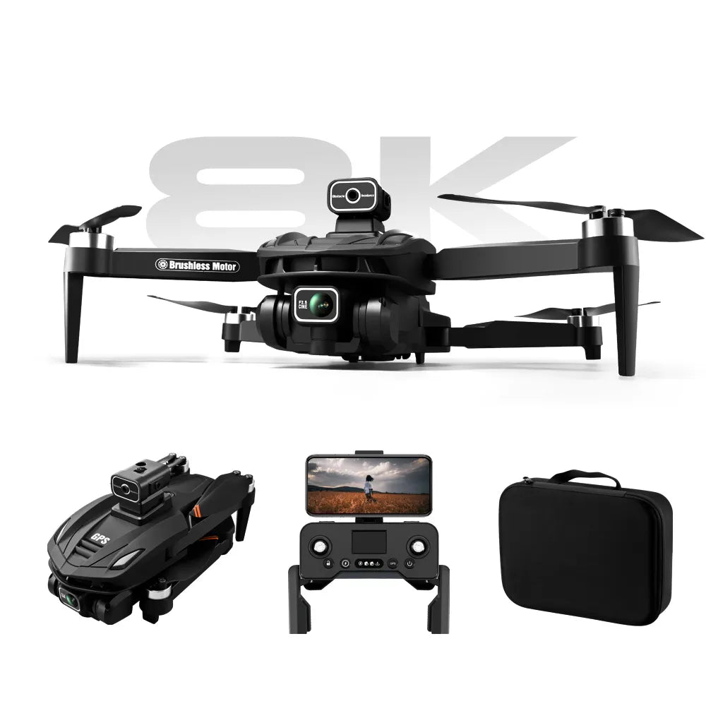 Black Valis drone with accessories on a white background, featuring '8K' text.