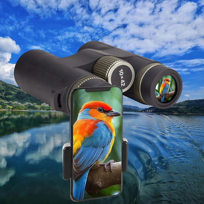 Valisus Binoculars with smartphone attachment showing a bird image against a scenic background