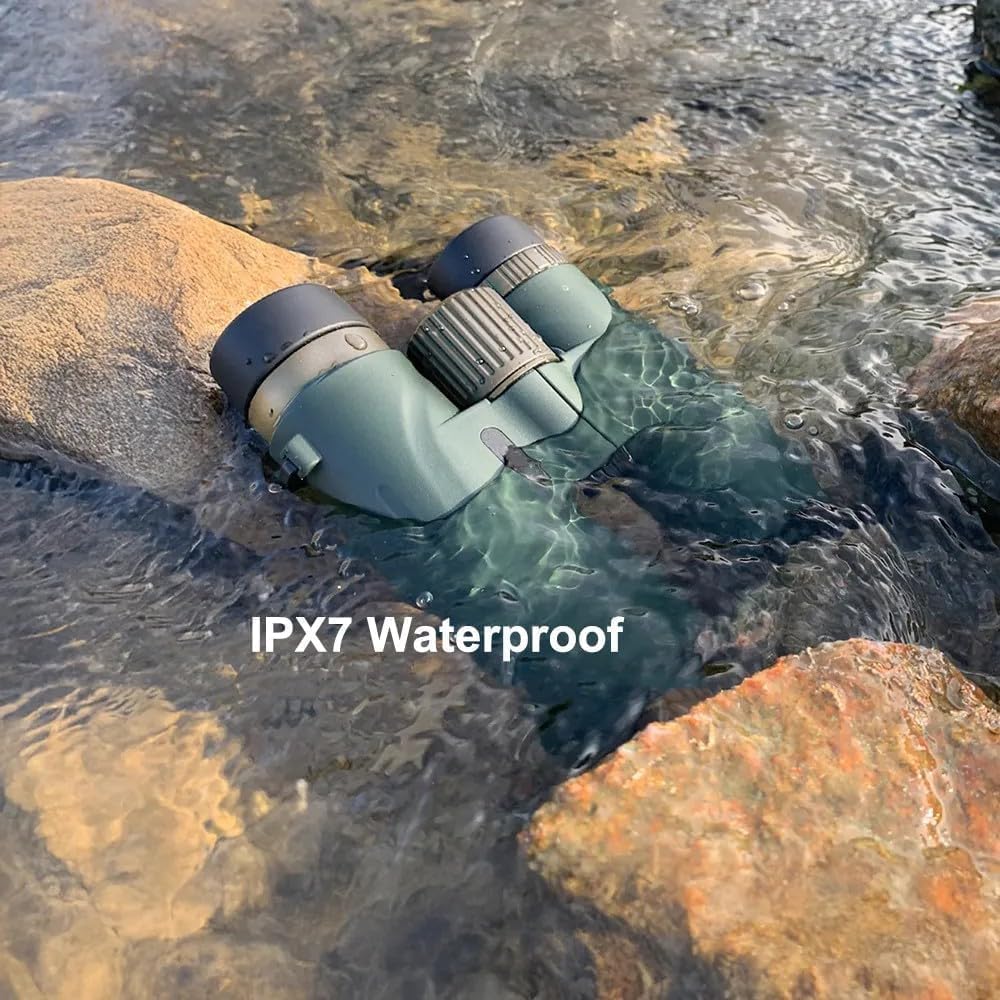 Valisus Binoculars partially submerged in water with 'IPX7 Waterproof' text displayed.
