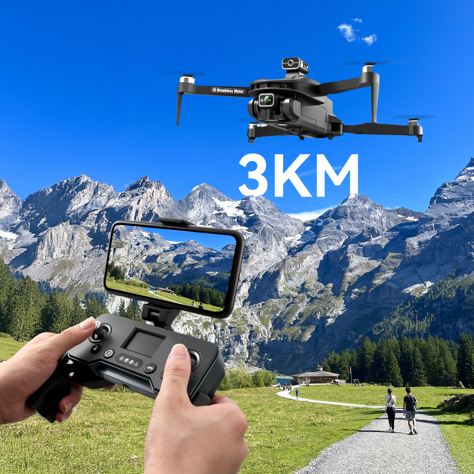 Person controlling a Valisus Drone 8K GPS with Camera with a view of mountains in the background