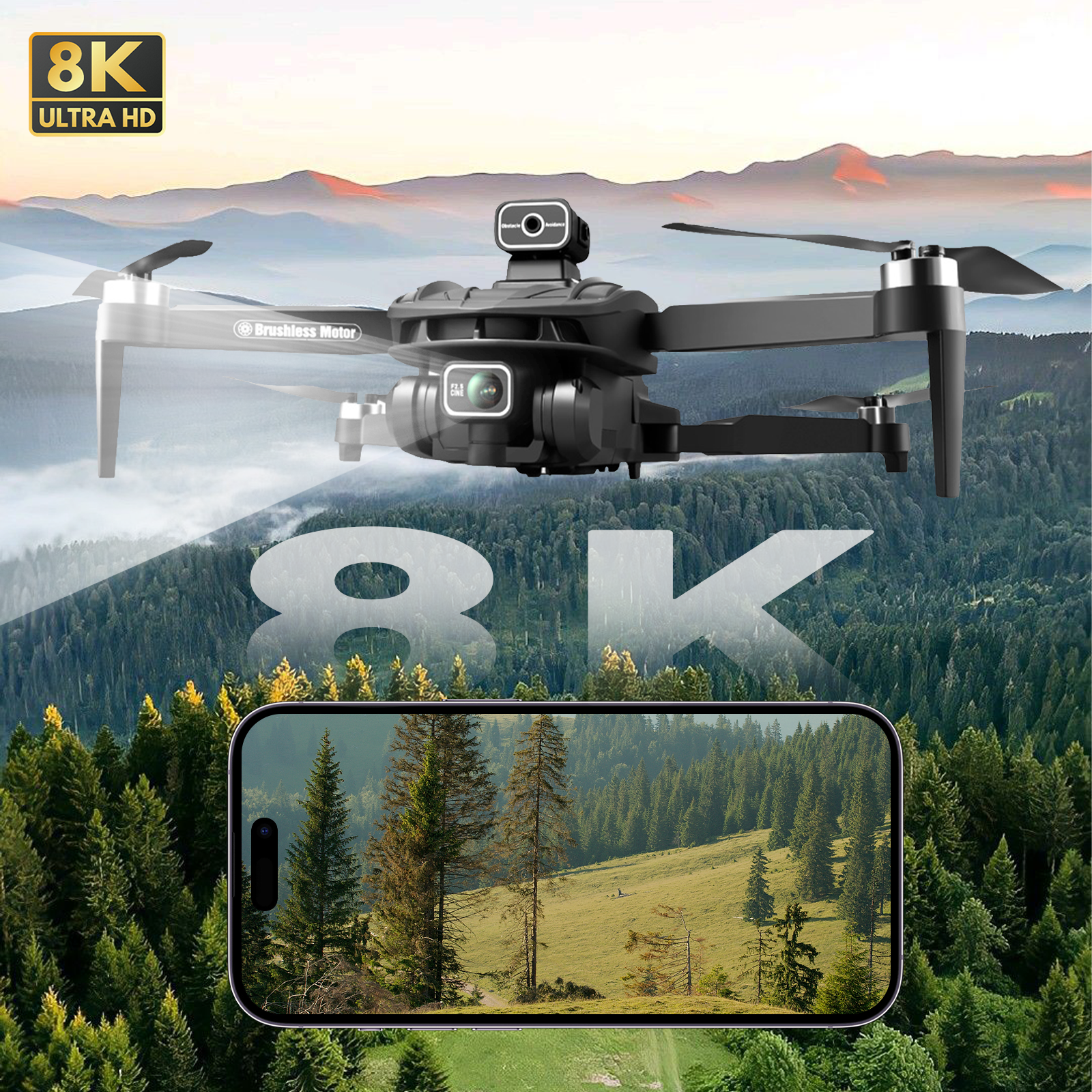 Valisus Drone 8K GPS with Camera over a scenic landscape, displaying 8K resolution on a phone screen.