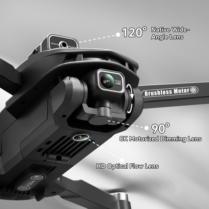 Valisus Drone 8K GPS with Camera system with labeled features on a gray background