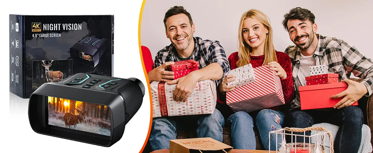 4K Valisus Night Vision Binoculars with a family opening presents in the background