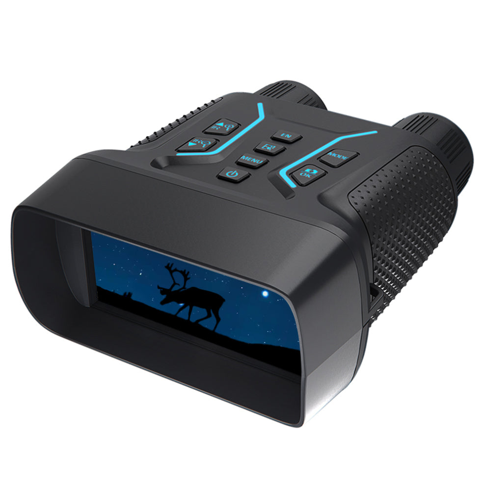 Black Valisus Night Vision Binoculars with a screen displaying a deer silhouette on a white background