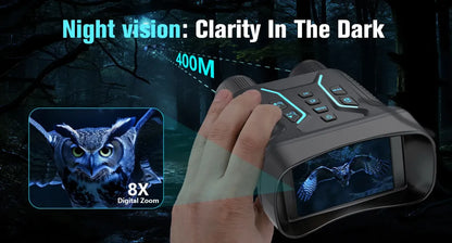 Hand holding a Valisus Night Vision Binoculars device with screen displaying an owl and bat, text 'Night vision: Clarity In The Dark' and '400M 8X Digital Zoom'.