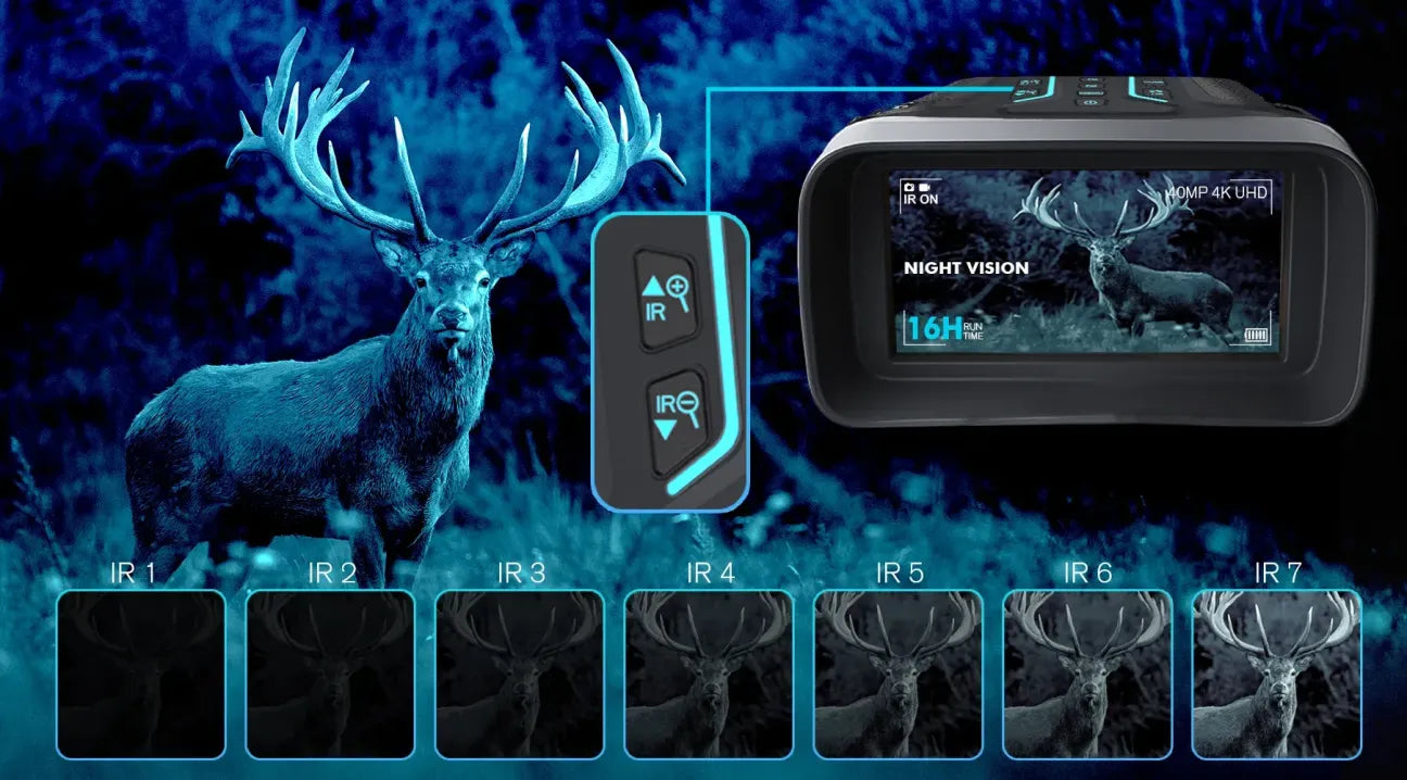 Night Valisus Night Vision Binoculars with deer imagery on a dark background