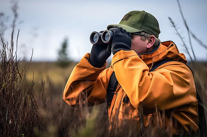 Person in outdoor setting with Valisus Night Vision Binoculars, wearing a yellow jacket and green cap.