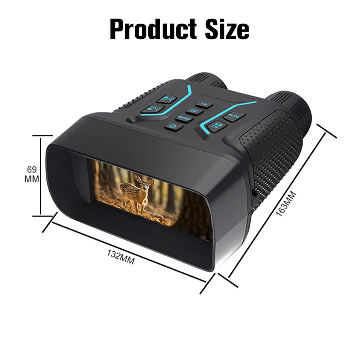 Black Valisus Night Vision Binoculars with measurement details on a white background