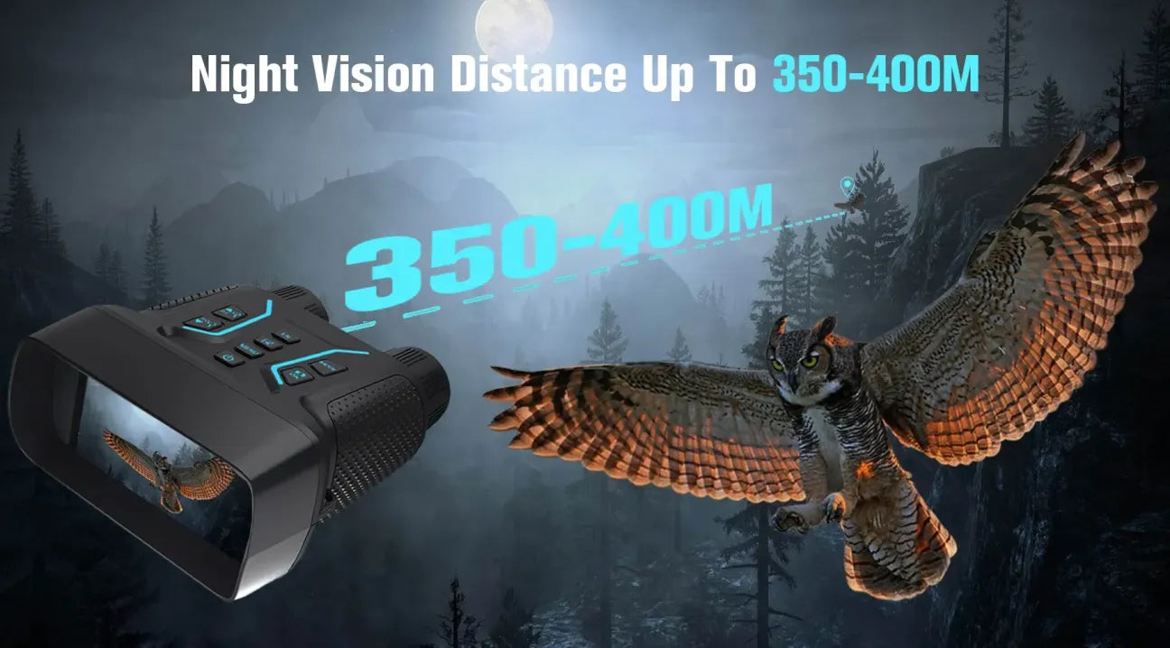 Valisus Night Vision Binoculars with an owl in a forest setting, highlighting night vision distance.