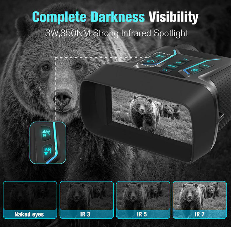 Infrared spotlight Valisus Night Vision Binoculars with a bear and its images displayed on the screen, set against a dark background.
