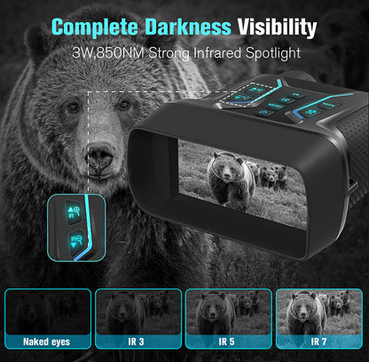 Infrared spotlight Valisus Night Vision Binoculars with a bear and its images displayed on the screen, set against a dark background.