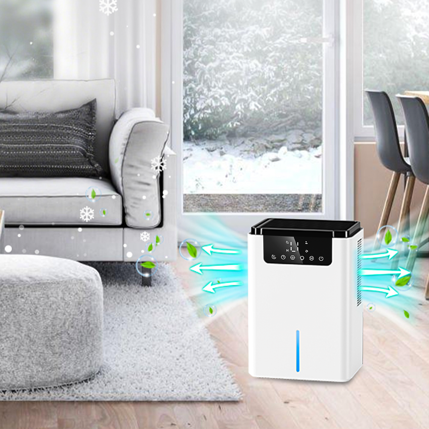 Vantiro Intelligent Dehumidifier D2 in a living room with snow outside the window
