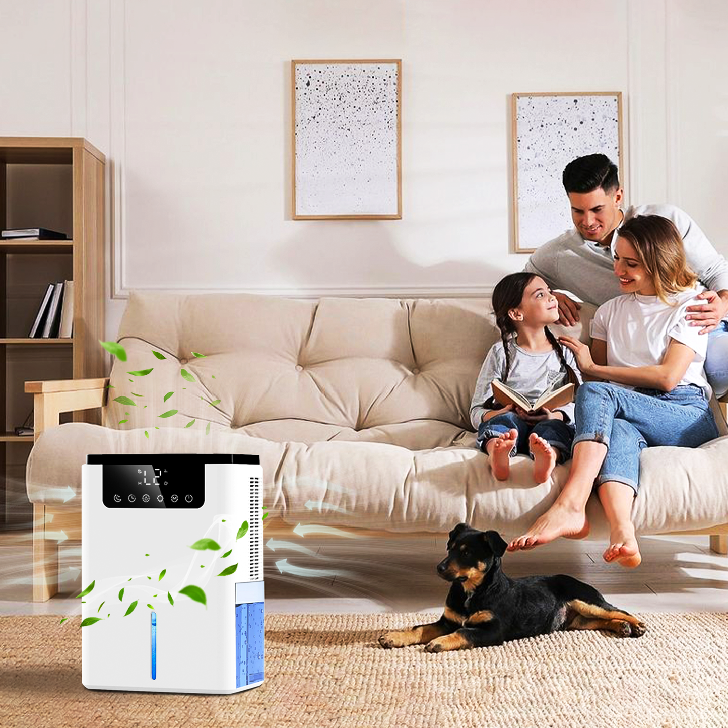 Family sitting on a couch with an Vantiro Intelligent Dehumidifier D2 in the foreground