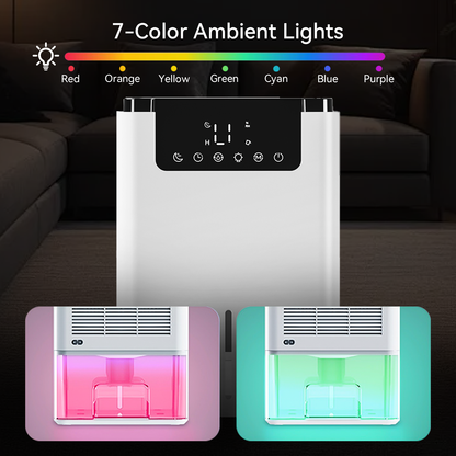 Vantiro Intelligent Dehumidifier D2 with 7-color ambient light display in a living room setting