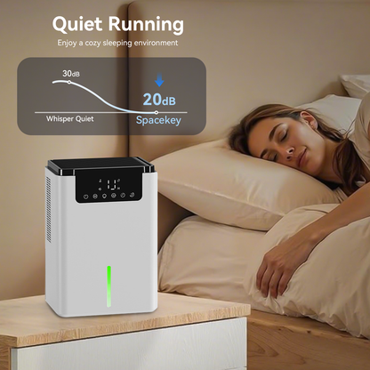 Vantiro Intelligent Dehumidifier D2 on a bedside table with a woman sleeping in the background, emphasizing quiet operation.