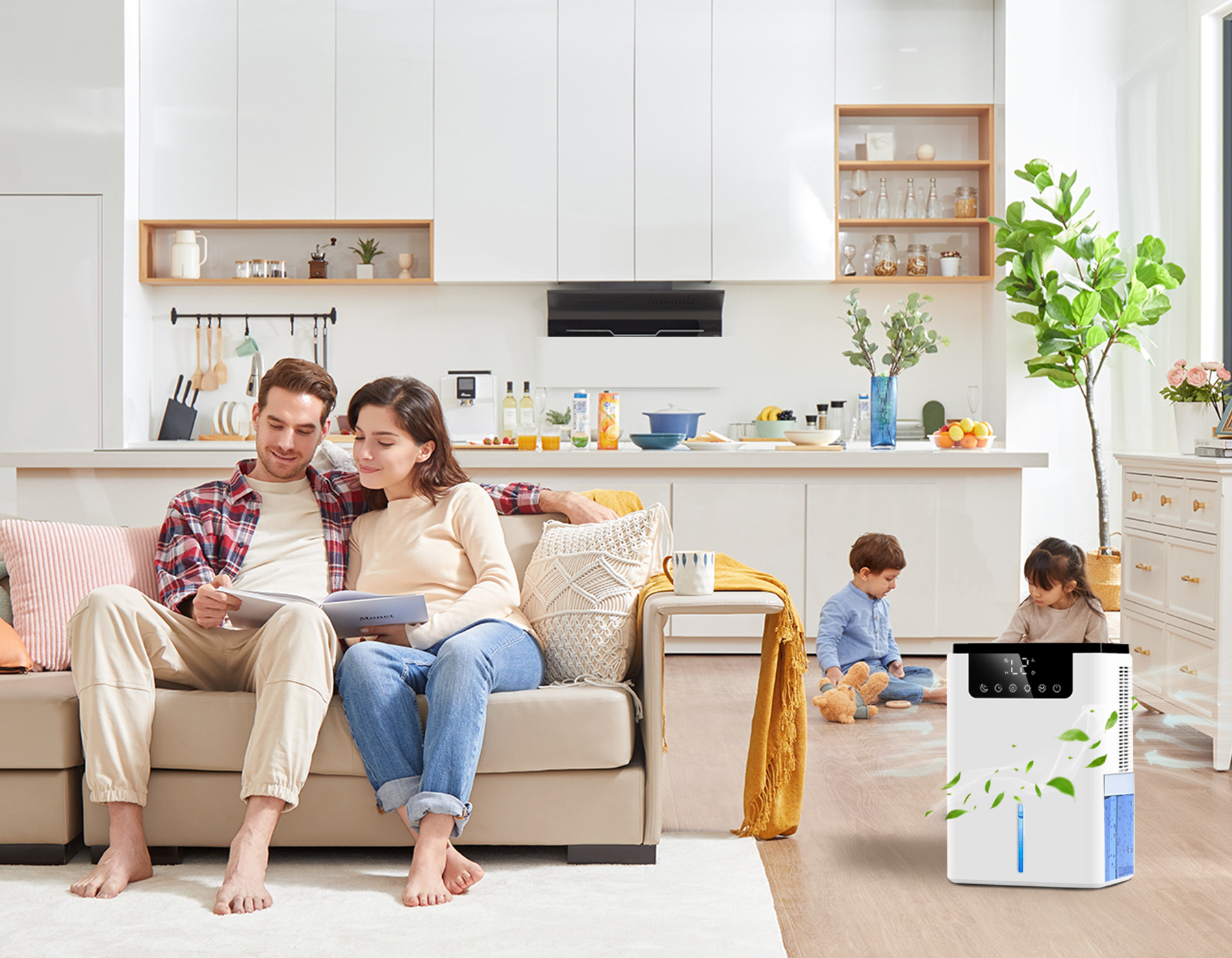 Family in a modern living room with an Vantiro Intelligent Dehumidifier D2 on the floor.