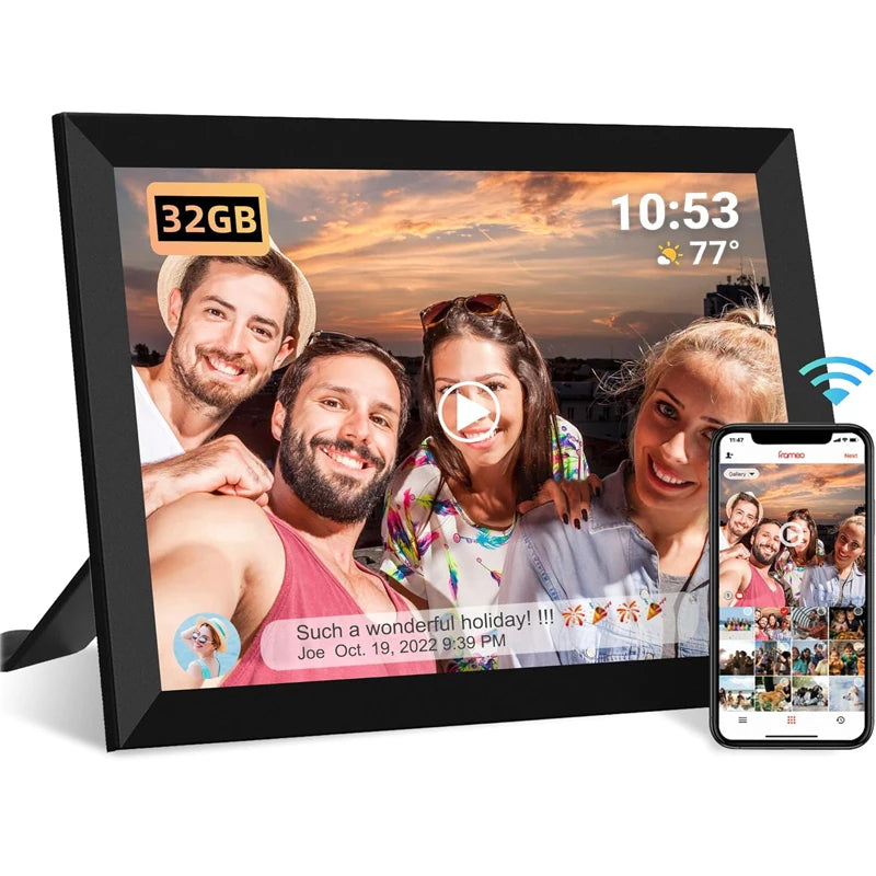 Vassco Digital Photo Frame displaying a family photo with smartphone app on the side.