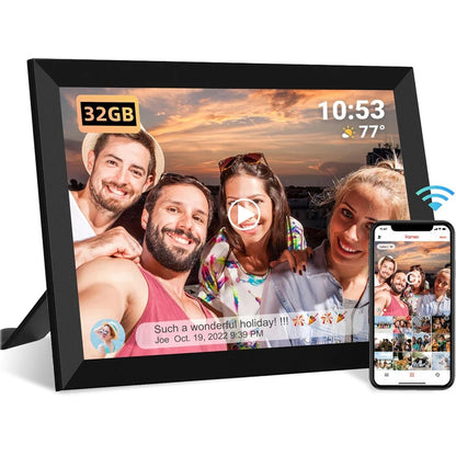 Vassco Digital Photo Frame displaying a family photo with smartphone app on the side.