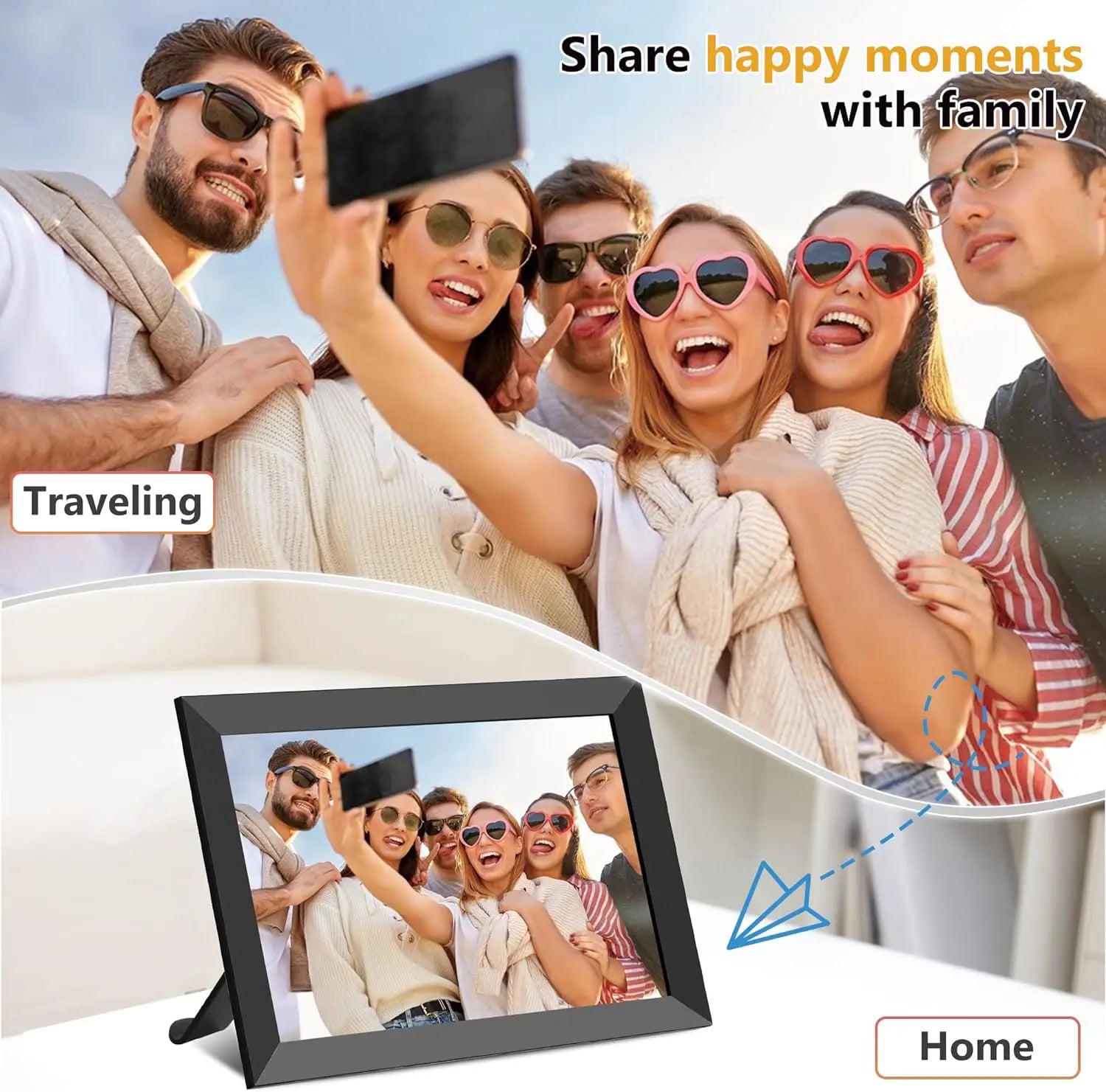 Group of people taking a selfie with sunglasses, showing a Vassco Digital Photo Frame displaying the selfie.