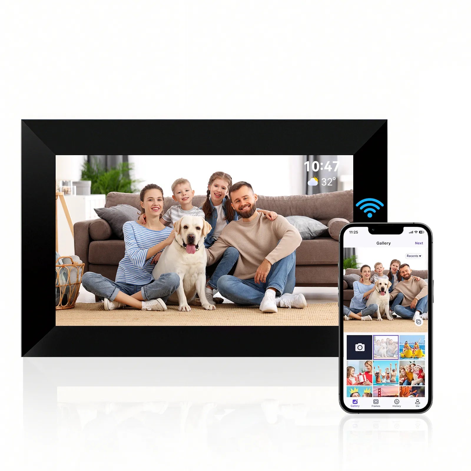 Vassco Digital Photo Frame displaying a family with a dog, next to a smartphone showing the app interface.