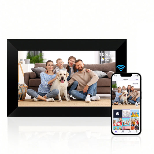 Vassco Digital Photo Frame displaying a family with a dog, next to a smartphone showing the app interface.