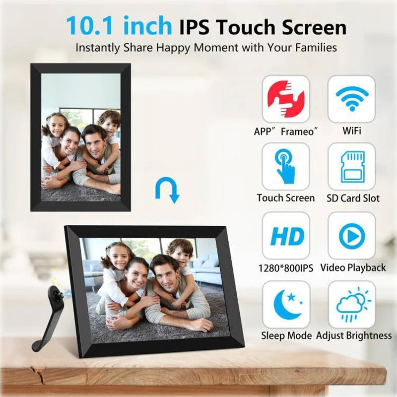 Vassco Digital Photo Frame with 10.1 inch IPS touch screen displaying family photos, featuring connectivity and display features on a light background.