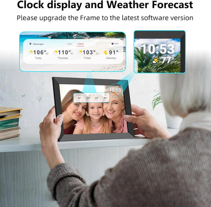Vassco Digital Photo Frame displaying a family photo with clock and weather information on a screen.