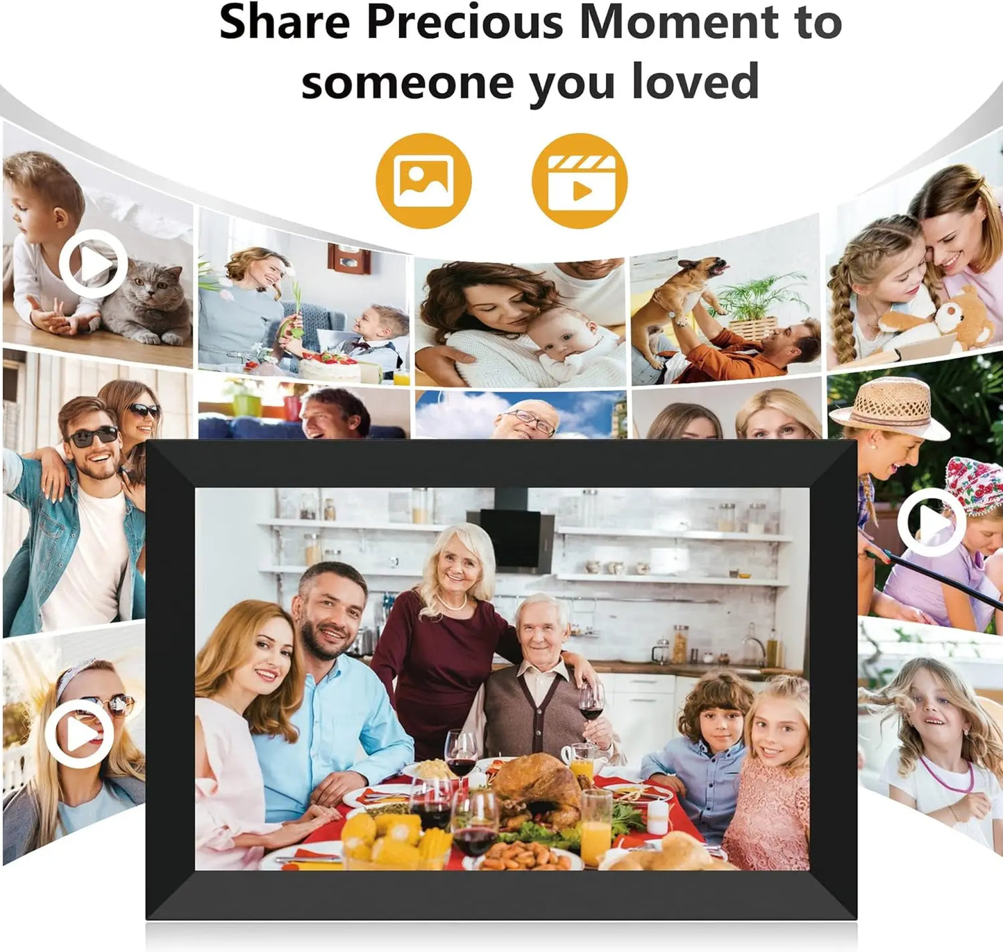 Vassco Digital Photo Frame with family photos and text 'Share Precious Moment to someone you loved'.