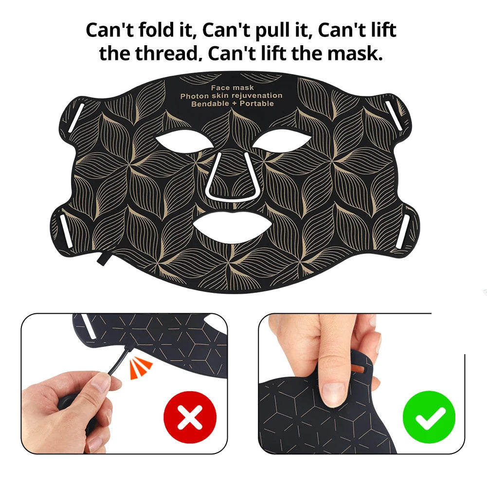Black Vassco GlowPro LED Mask with text and icons indicating its features and limitations.