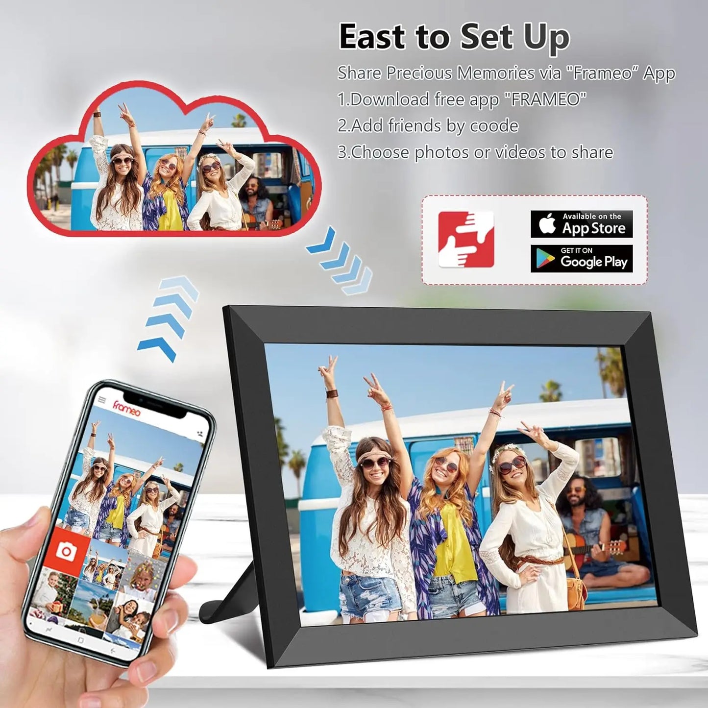 Vassco Digital Photo Frame with smartphone app interface, showing a group of people in front of a van.