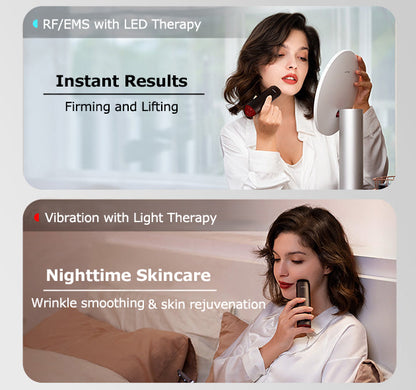 Two scenes showing a woman using a skincare device with text about RF/EMS, LED therapy, vibration, and light therapy.