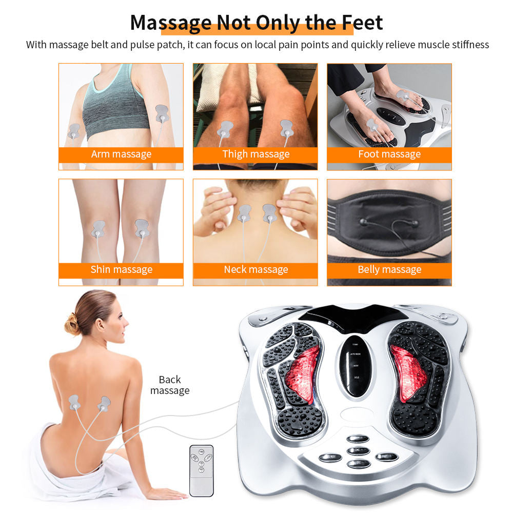 VeloFlowi Foot Massager with various massage points and a woman receiving massage therapy.