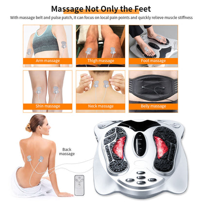 VeloFlowi Foot Massager with various massage points and a woman receiving massage therapy.