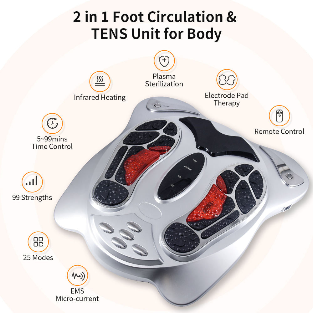 VeloFlowi Foot Massager and TENS unit for body with features listed on a white background
