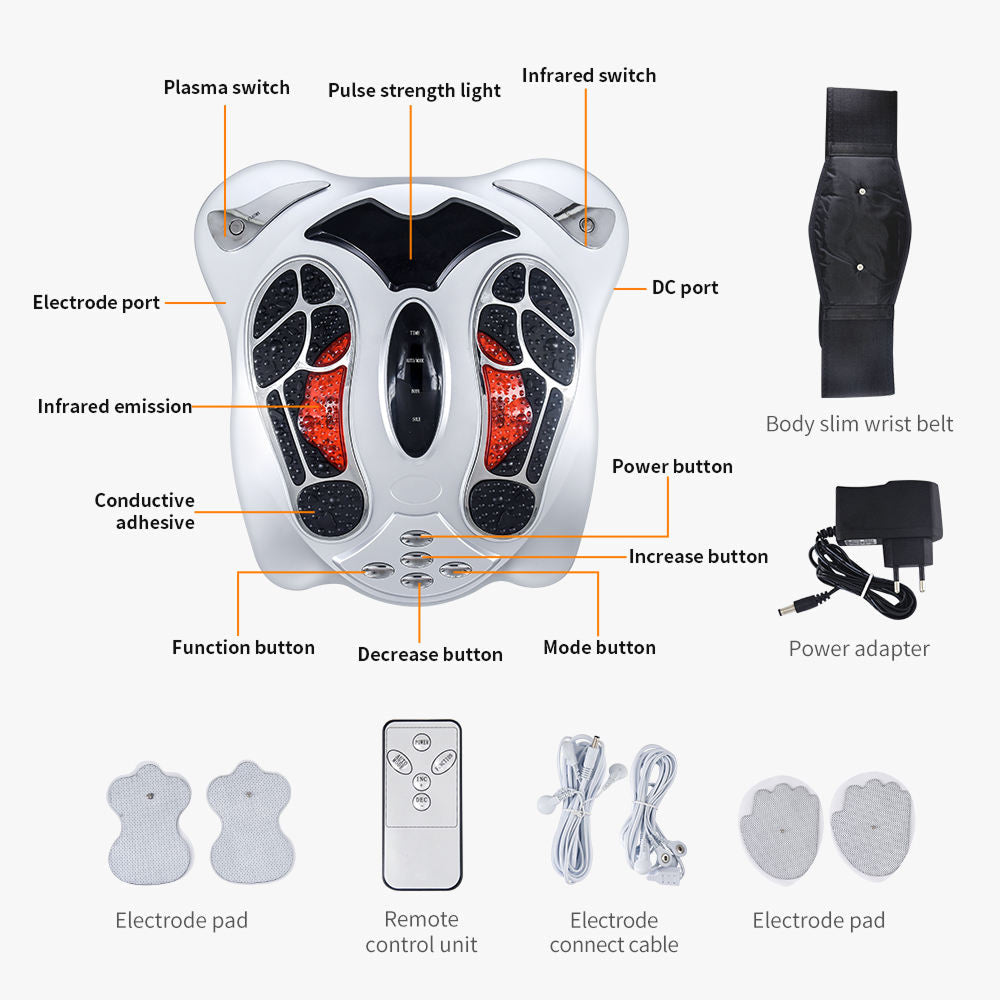 Diagram of an electronic VeloFlowi Foot Massager with labeled parts on a white background