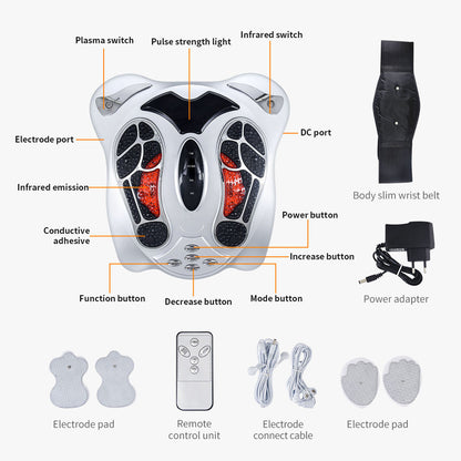 Diagram of an electronic VeloFlowi Foot Massager with labeled parts on a white background