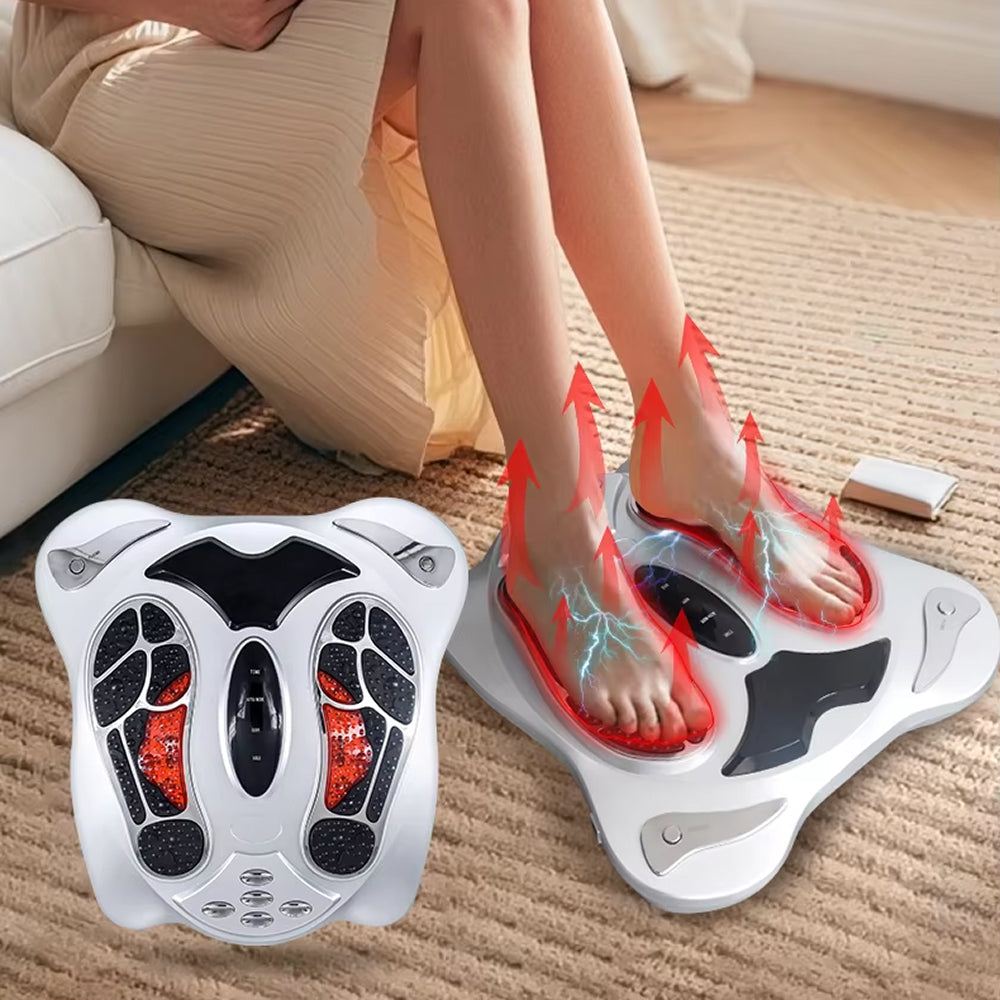 Person using a VeloFlowi Foot Massager on a carpeted floor