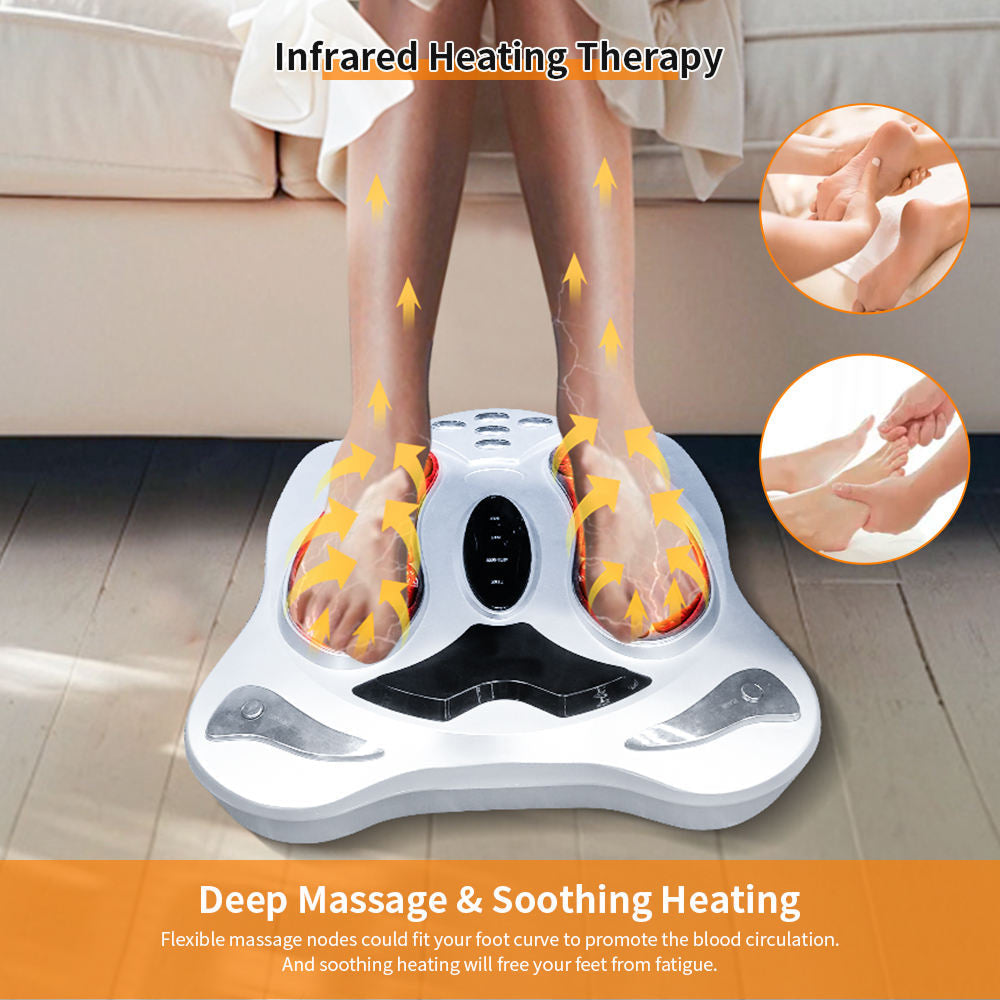 Person using an infrared heating therapy VeloFlowi Foot Massager on their feet with text highlighting features.