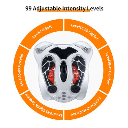 VeloFlowi Foot Massager device with adjustable intensity levels indicated on an orange circle