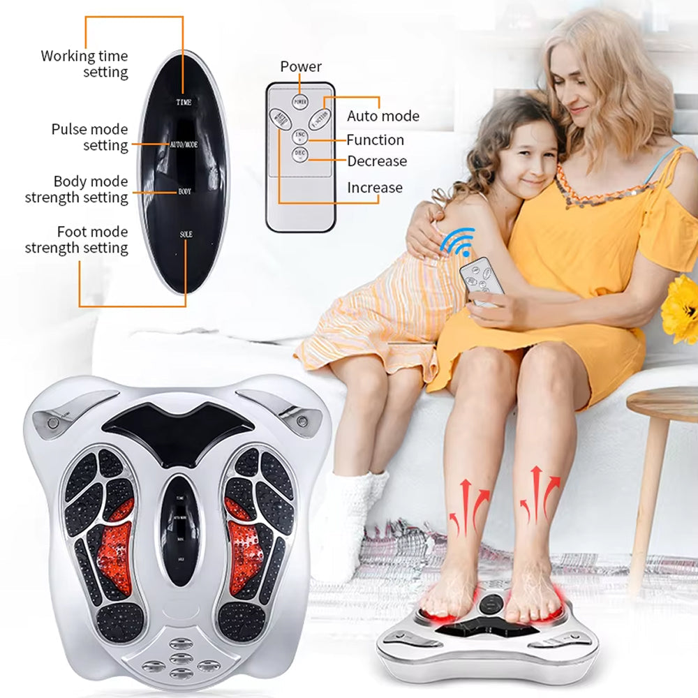 A foot and lower leg VeloFlowi Foot Massager shown in a lifestyle scene with two women sitting on it, plus inset diagrams explaining settings such as working time, pulse mode, body strength setting, and power modes.